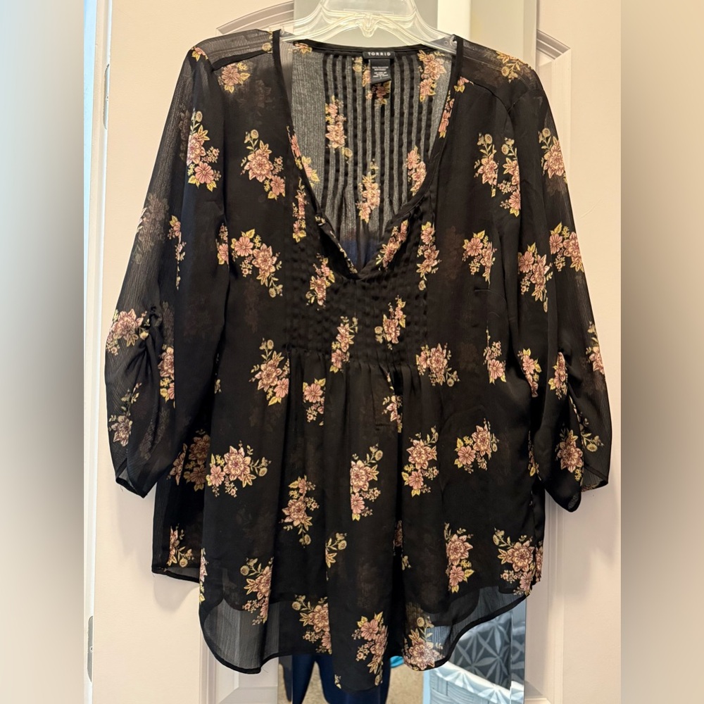 Torrid Black Blouse with Pink Floral Design